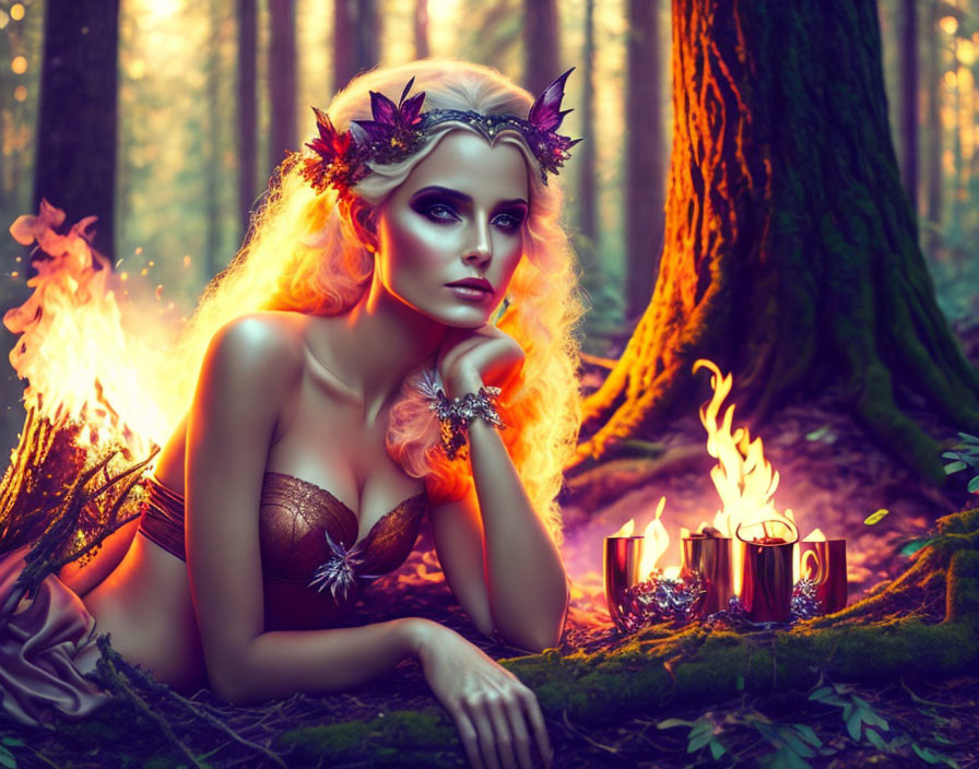 Fantasy makeup woman in horned headpiece in enchanted forest