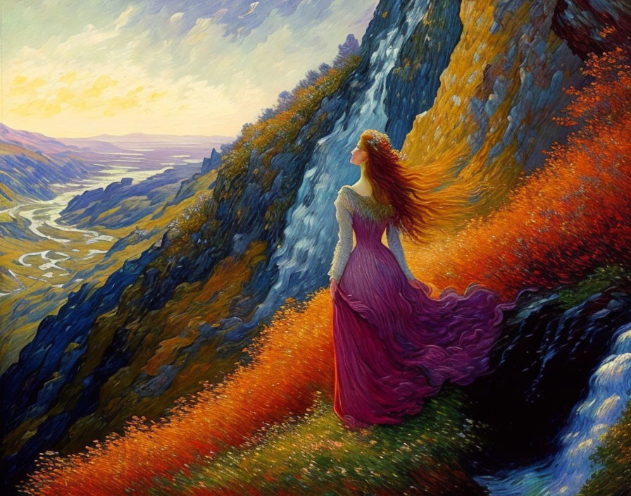 Woman in flowing purple dress on mountain slope overlooking vibrant landscape