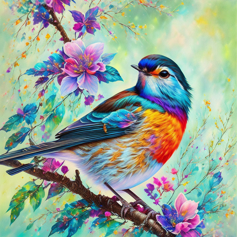 Colorful Bird Painting on Branch with Pink Flowers and Blue Background