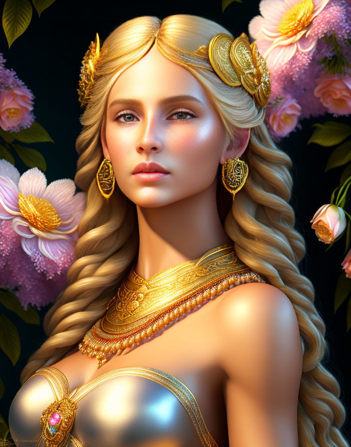 Blonde woman with braided hair in gold jewelry, surrounded by pink flowers