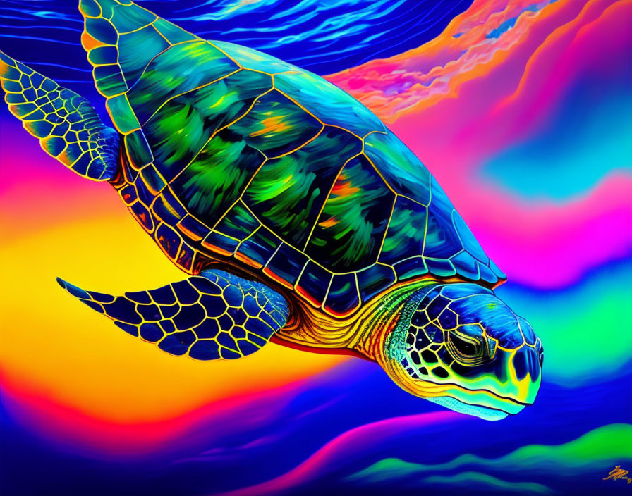 Colorful Sea Turtle Swimming in Psychedelic Rainbow Background