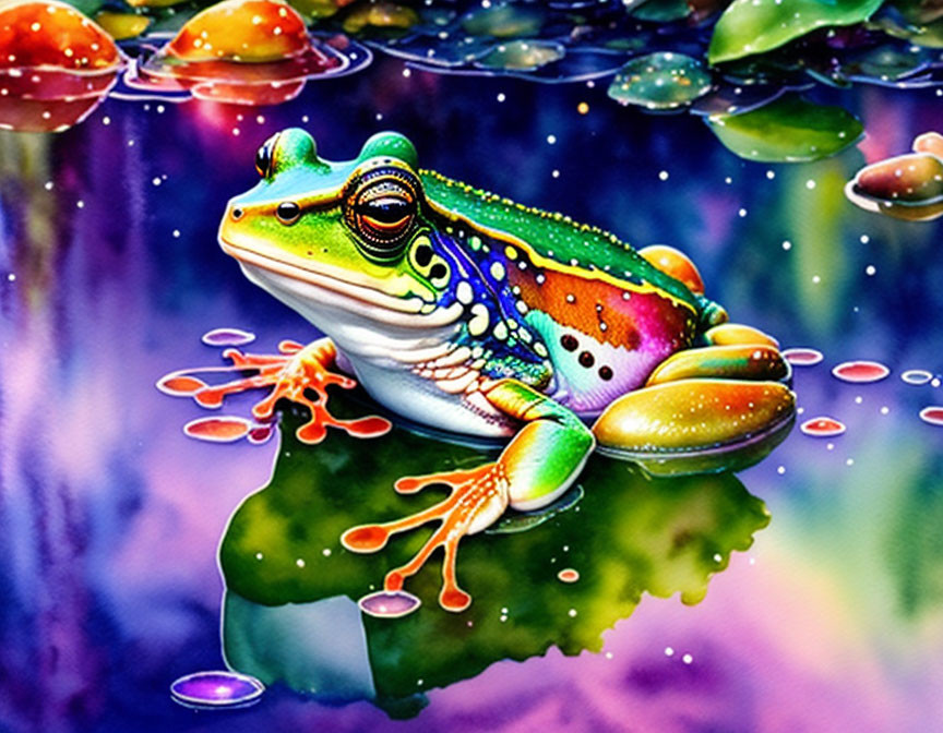 Colorful Frog on Water Lily Leaf in Iridescent Pond