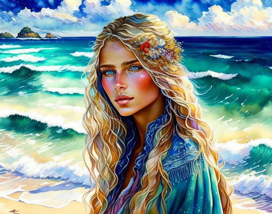 Illustrated portrait of woman with long blonde hair, blue eyes, adorned with flowers, against ocean backdrop