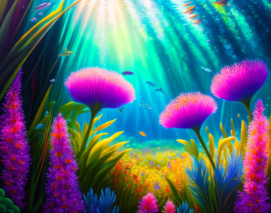 Colorful Coral and Fish in Vibrant Underwater Sunbeams