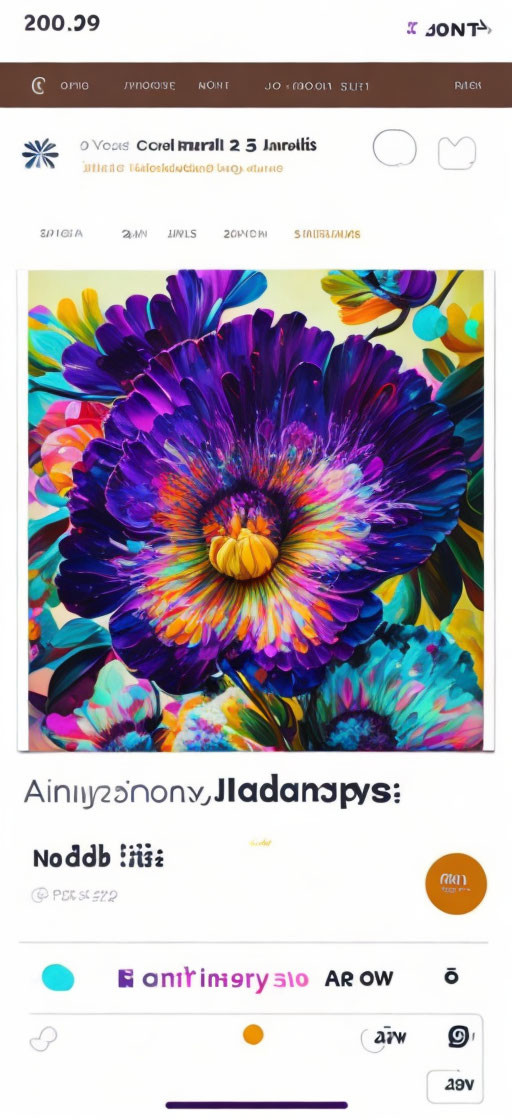 Vibrant abstract floral artwork with central purple, blue, and yellow bloom