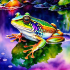 Colorful Frog on Water Lily Leaf in Iridescent Pond