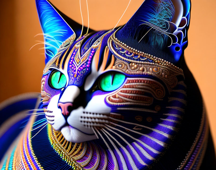 Colorful digital artwork: Cat with intricate blue and orange patterns and glowing green eyes