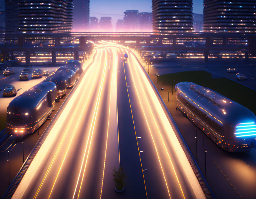 Busy Traffic on Futuristic City Highway at Twilight