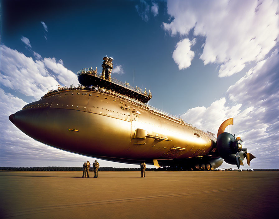 Large airship on flat surface with people under blue sky