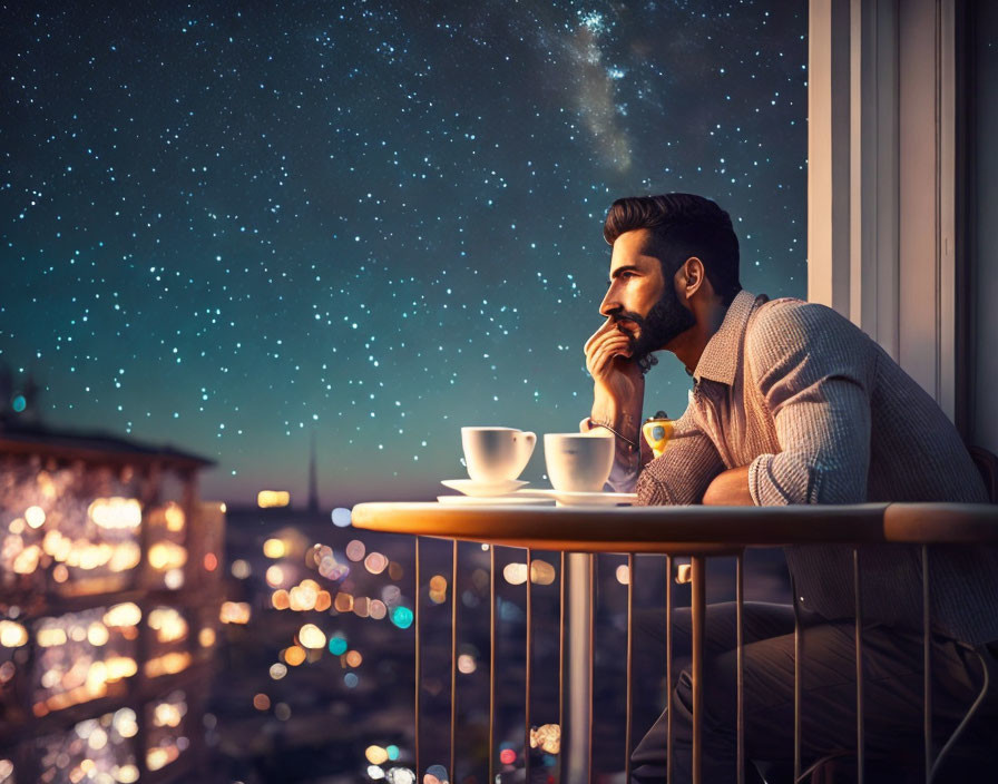 Bearded man on balcony with night city view and starry sky