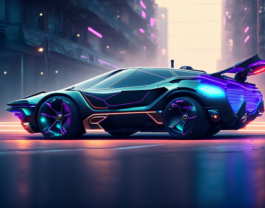 Futuristic neon-lit sports car with glowing wheels on urban street at dusk