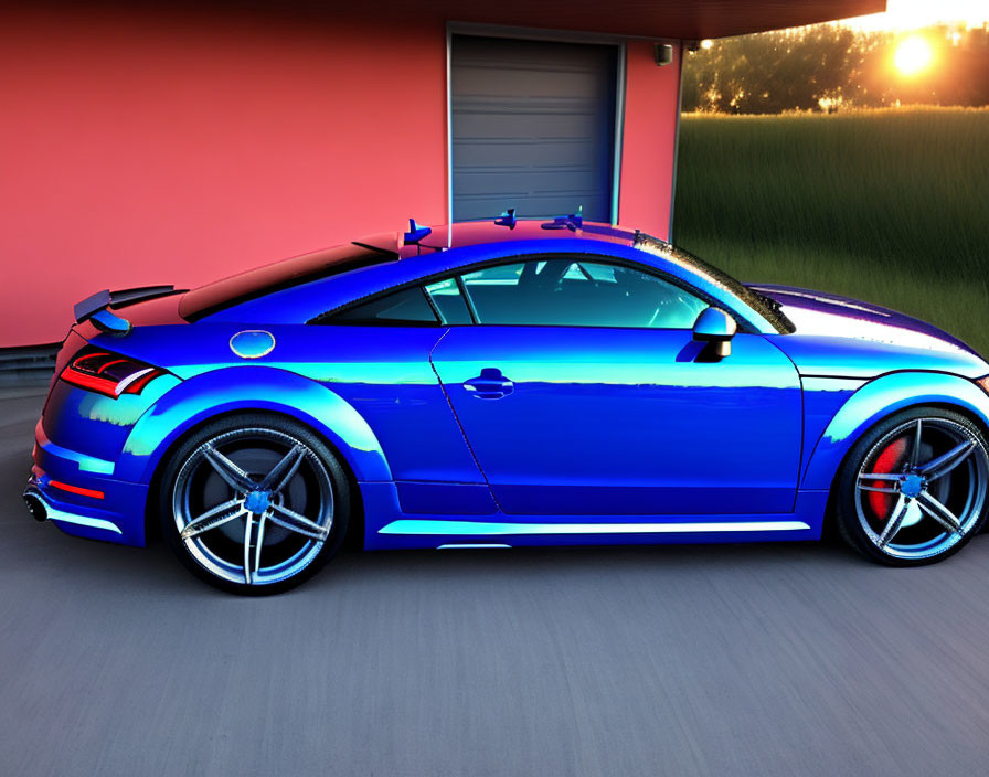 Blue Sports Car with Stripe Decals Parked at Sunset