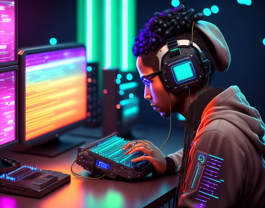 Purple-haired person with headphones at multi-monitor gaming setup.