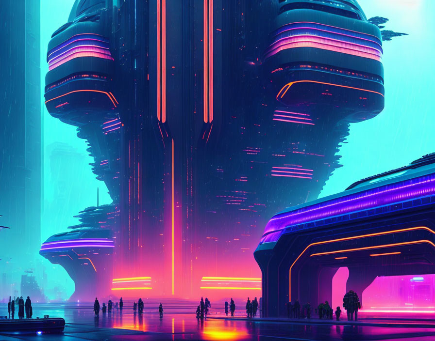 Neon-lit futuristic cityscape at twilight