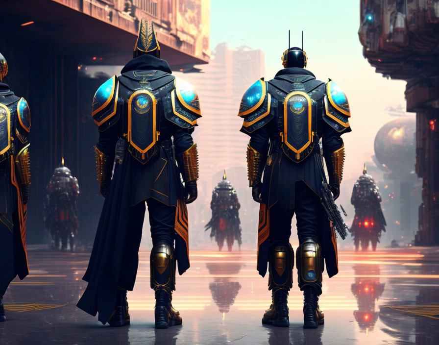 Futuristic armored figures in cityscape with towering structures