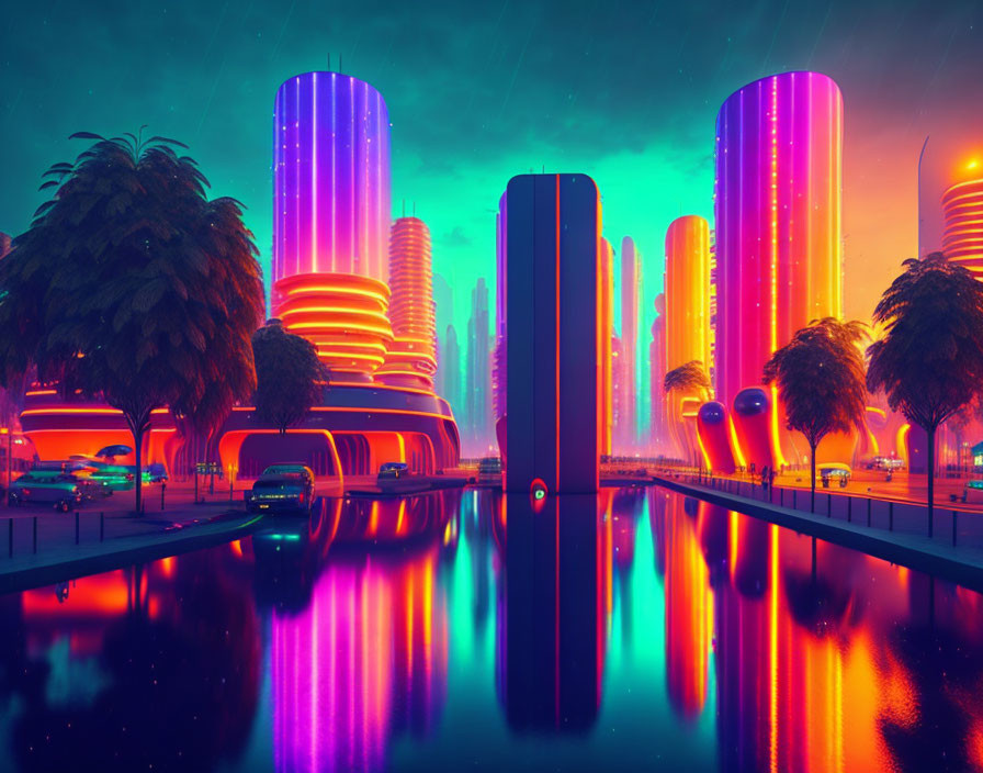 Vibrant futuristic cityscape at dusk with neon-lit skyscrapers reflected in water canal