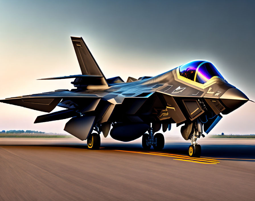 Modern F-35 Jet on Runway at Dusk