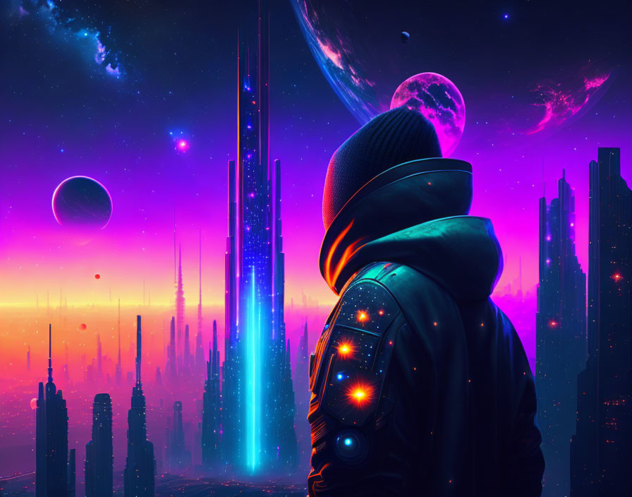 Futuristic outfit person gazes at vibrant alien skyline