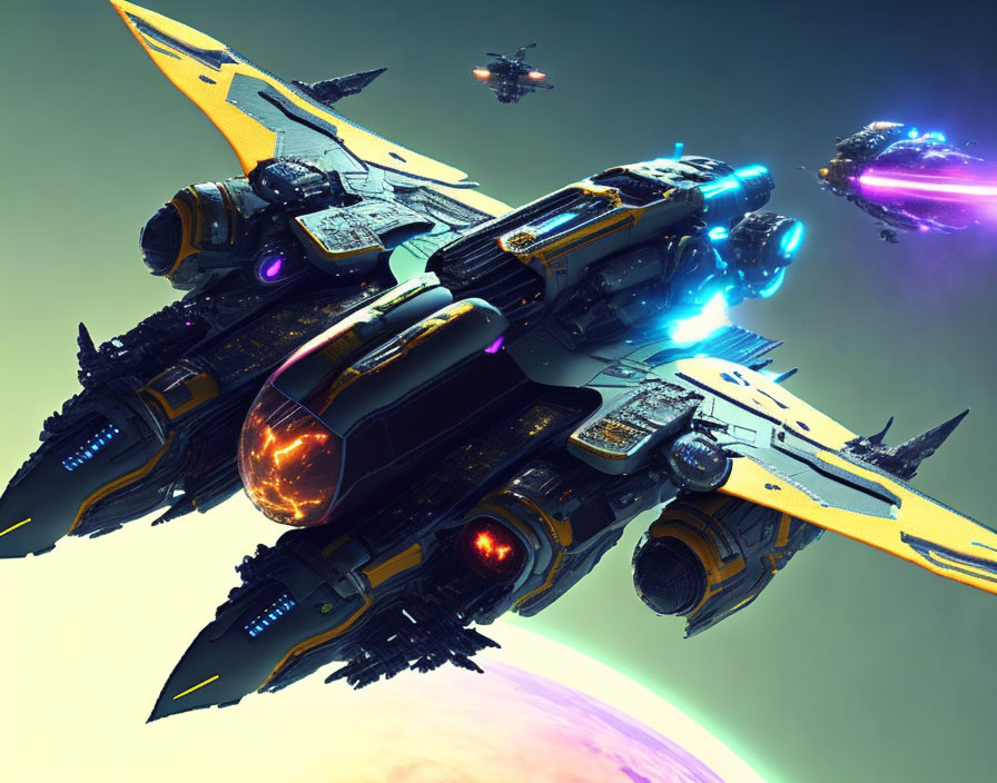 Futuristic space fighter with glowing engines in formation among celestial bodies