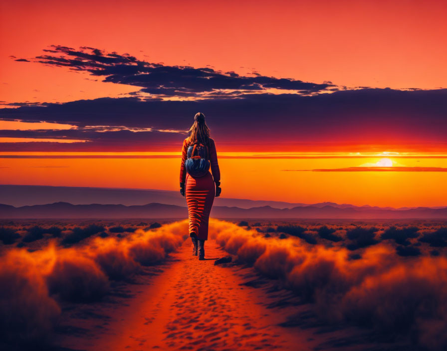 Person walking on path towards vibrant orange and purple sunset horizon