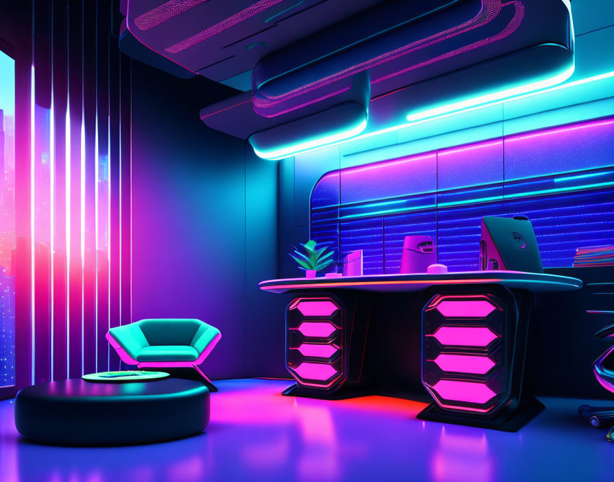 Modern office interior with neon lighting, sleek desk, computer set, and vibrant lounge chair