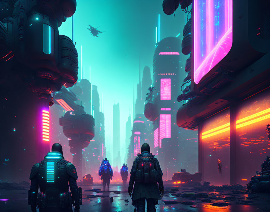 Futuristic armored figures in neon-lit cyberpunk cityscape at dusk