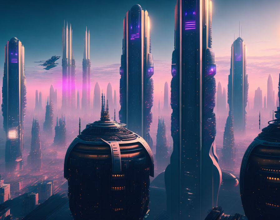 Futuristic cityscape with glowing skyscrapers and spaceship.