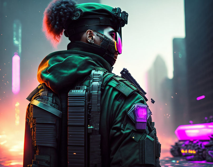 Futuristic military gear and pink glasses in neon-lit cityscape