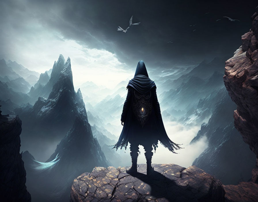 Hooded Figure on Cliff with Misty Mountain Peaks