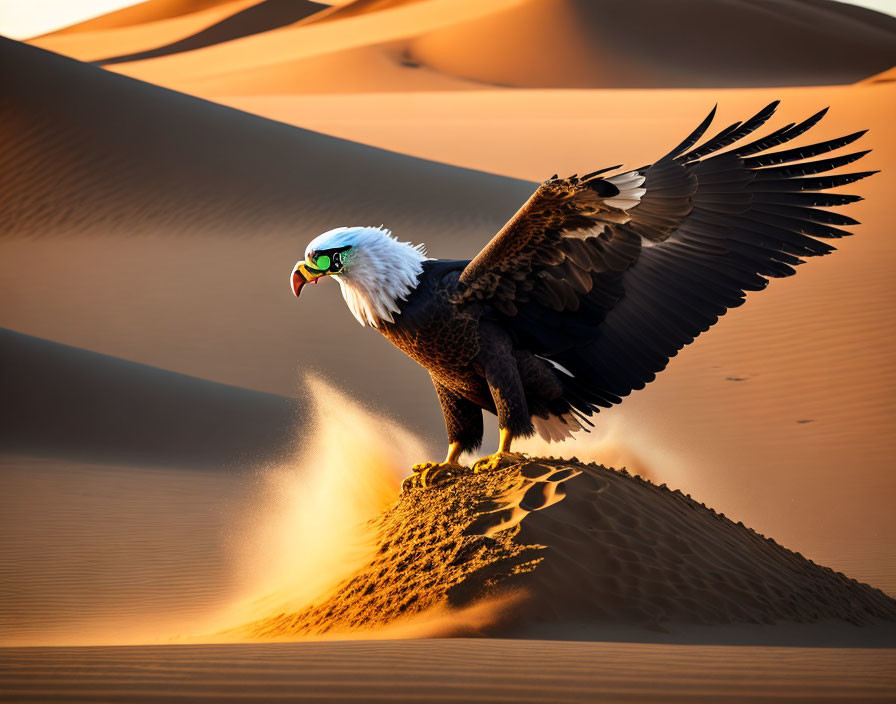 Majestic eagle perched on sand dune at sunset