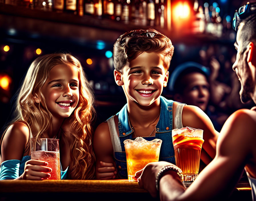 Smiling children with man at bar holding drinks in warm lighting