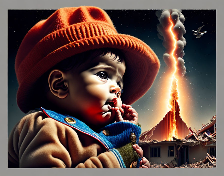 Child in red hat views distant volcanic eruption with passing aircraft in starry sky.