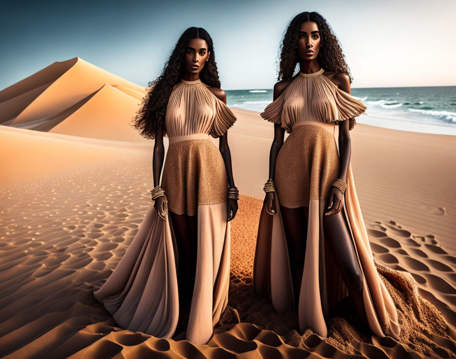 Two women in elegant pleated dresses on sandy desert with ocean view