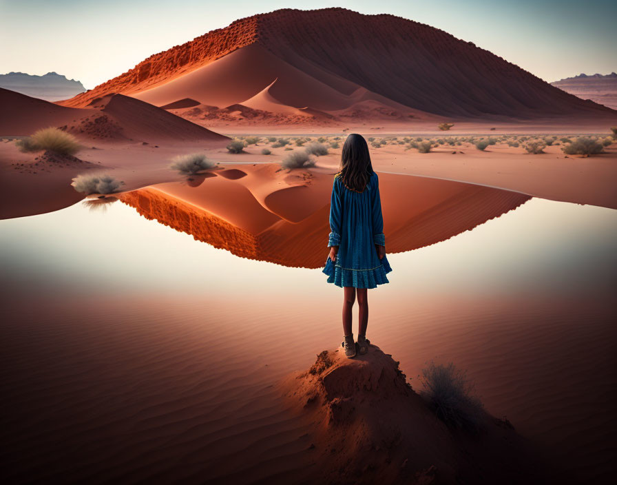 Person in Blue Dress Overlooking Serene Desert Landscape