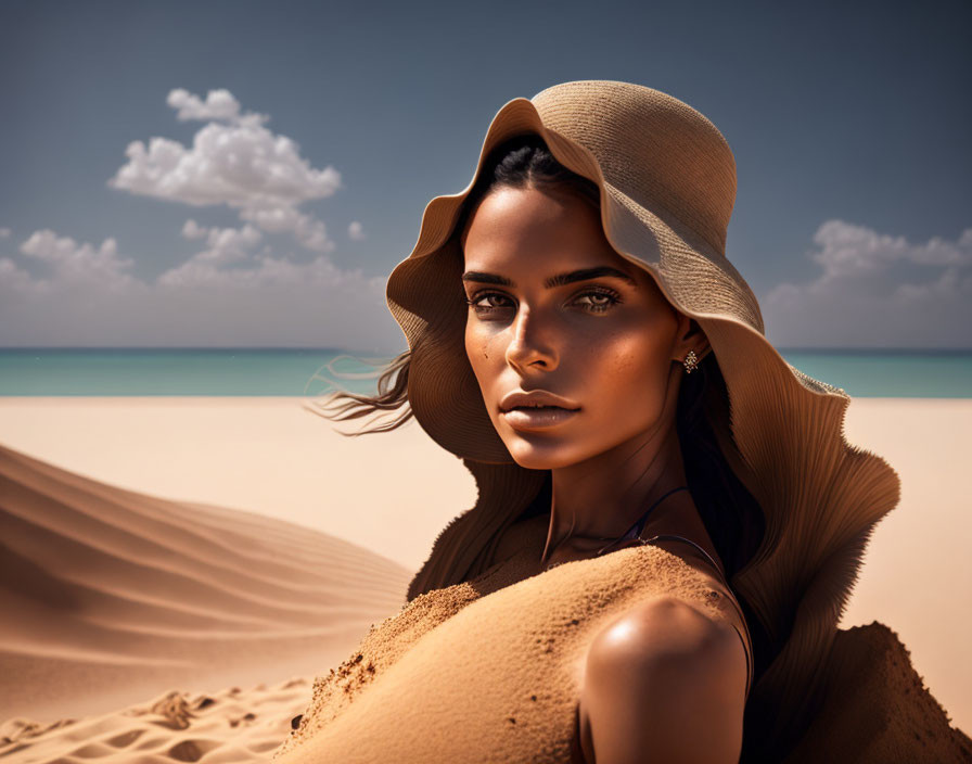 Woman with sunhat on beach under clear blue skies