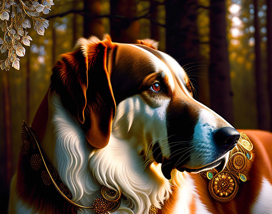 Regal Dog Illustration with Intricate Jewelry in Autumnal Forest