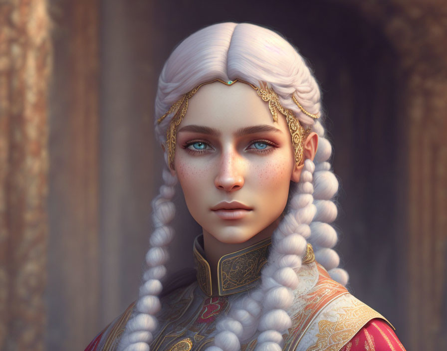 Fantasy character with braided white hair and teal eyes in ornate gold jewelry.