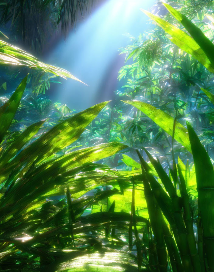 Lush Tropical Forest with Sunbeams and Green Foliage