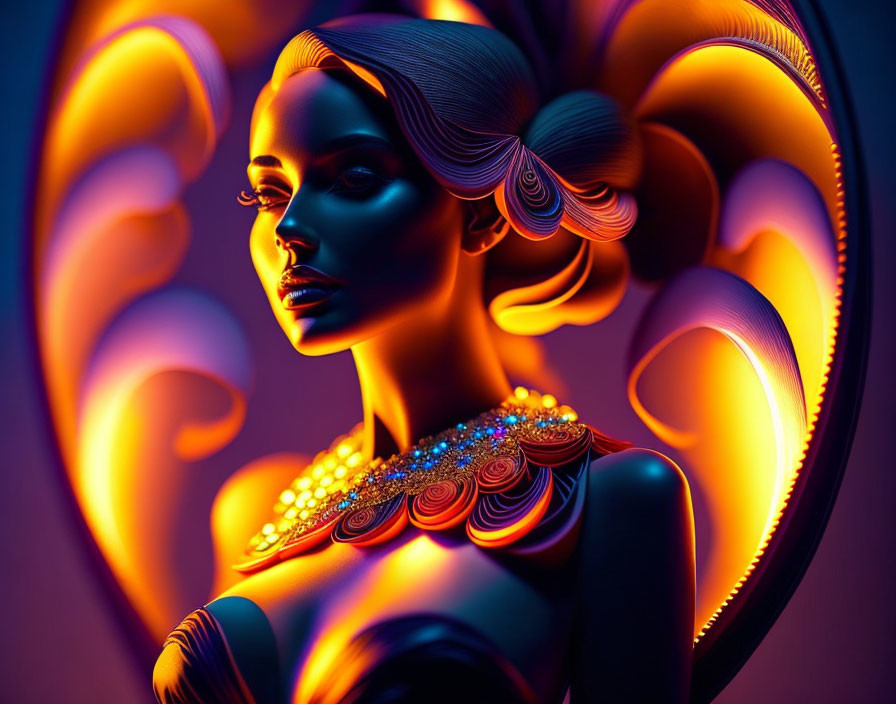 Stylized woman with ornate jewelry in neon glow against swirling orange backdrop