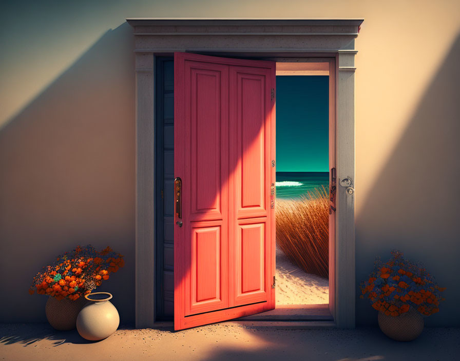 Red door with beach view and orange flowers in pots.