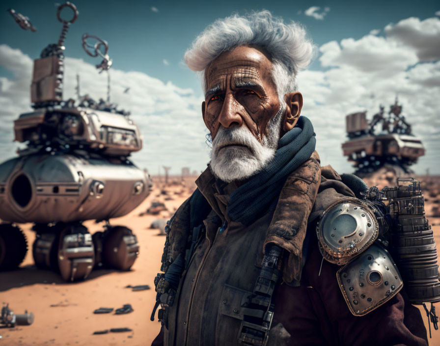 Elderly man with white hair in desert with futuristic armored vehicles