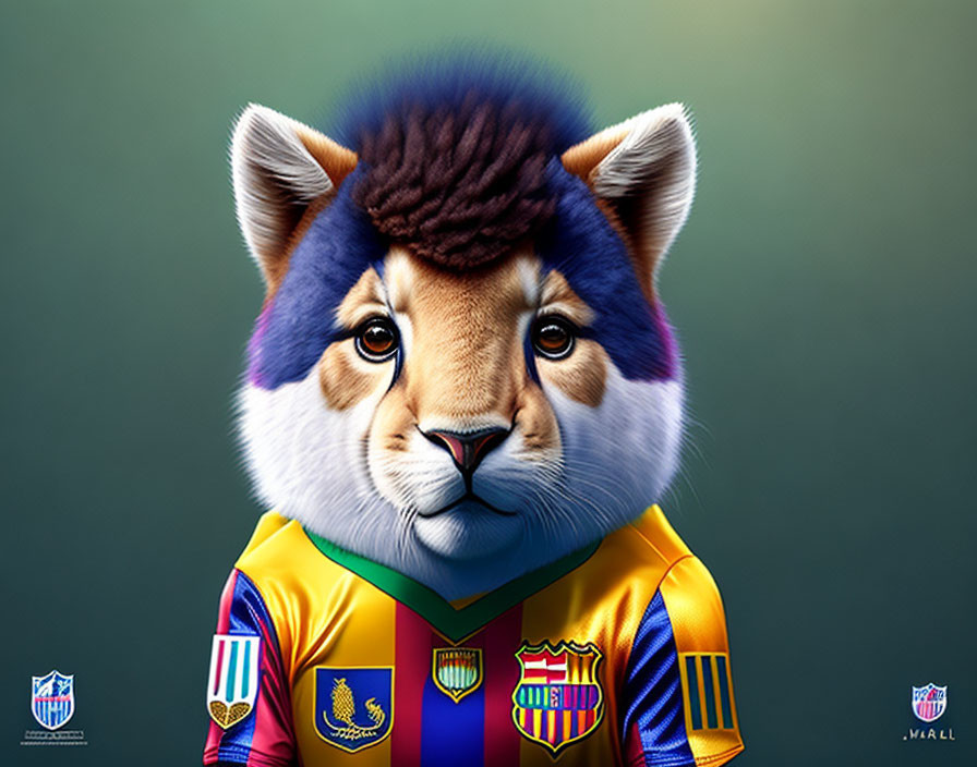 Colorful Lion Artwork with Stylized Haircut and Soccer Jersey