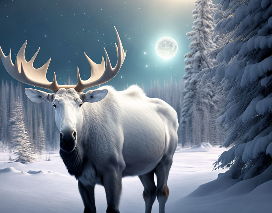 Rare White Moose in Snowy Forest Under Starry Sky