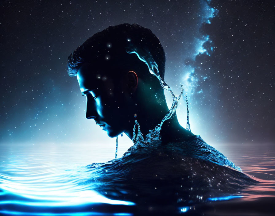 Person's silhouette emerging from water under starry night sky with cosmic skin blending effect.