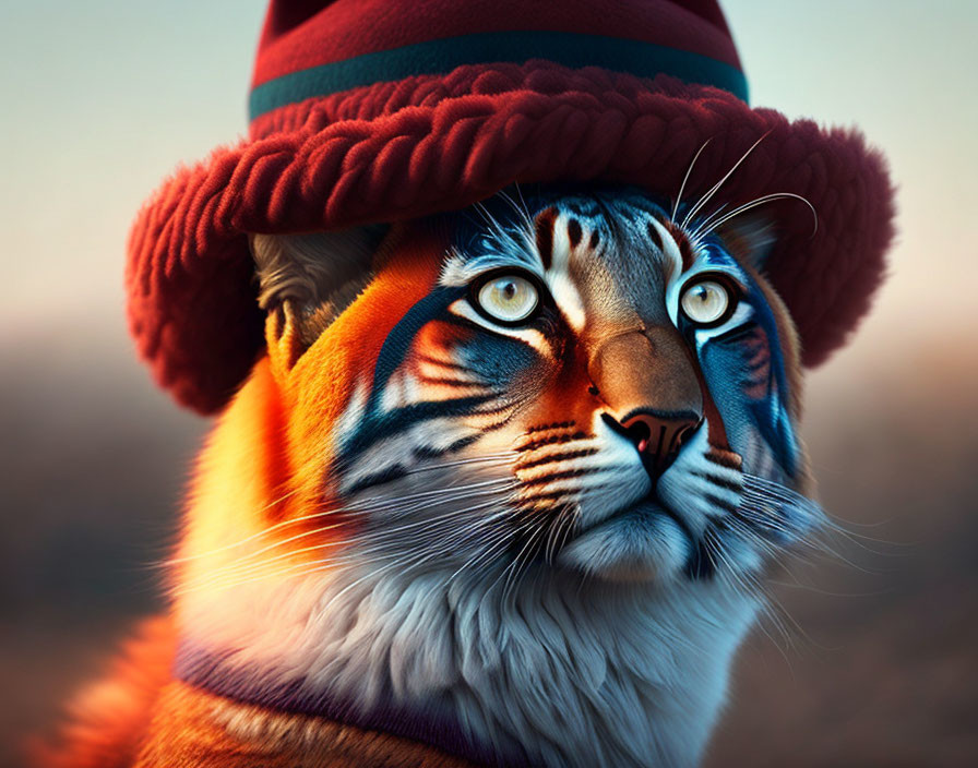 Striped red hat tiger with blue eyes in blurred background