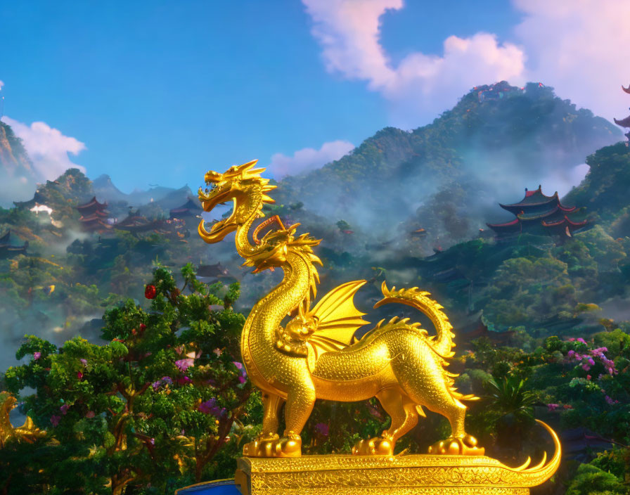 Golden Dragon Statue in Vibrant Misty Landscape with Traditional Buildings