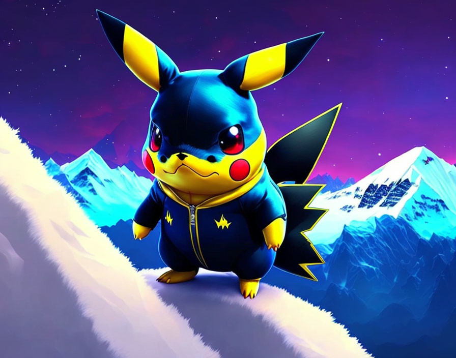 Stylized Pikachu in black superhero costume against snowy mountains