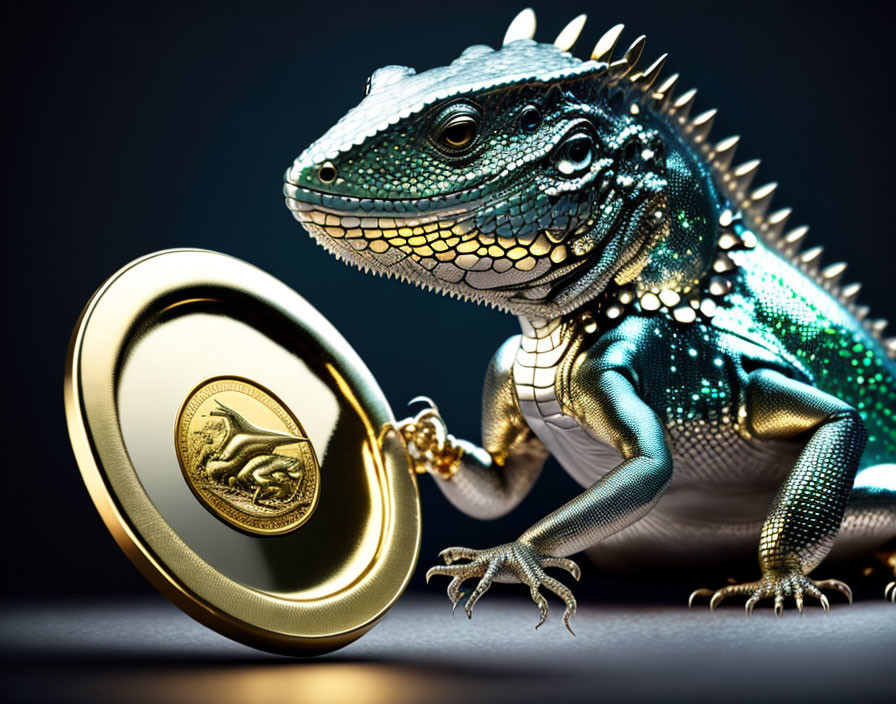 Realistic iguana digital artwork with shimmering blue scales and gold coin