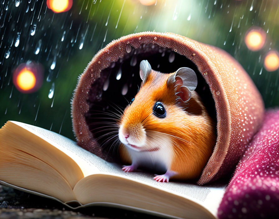 Adorable guinea pig in cozy book tunnel with falling raindrops