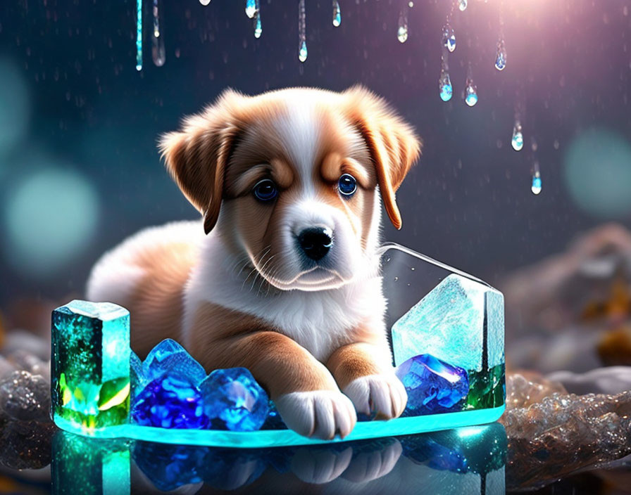 Brown and White Puppy Among Colorful Crystals in Rain